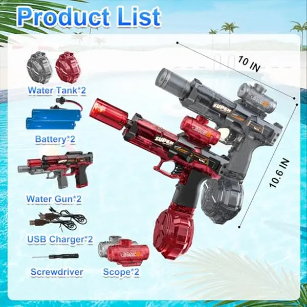 2-Pack LED Automatic Electric Water Guns, Long-Range Transparent Blasters with Built-In 4-Cell Batteries, Summer Pool Toy for Kids Ages 4-6 & Adults