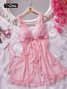 Women's Lace Doll Dress Lingerie Set with Adjustable Straps, Sheer Polka Dot Nightgown for Special Occasions, Romantic Slip Dress, Lace Sleepwear