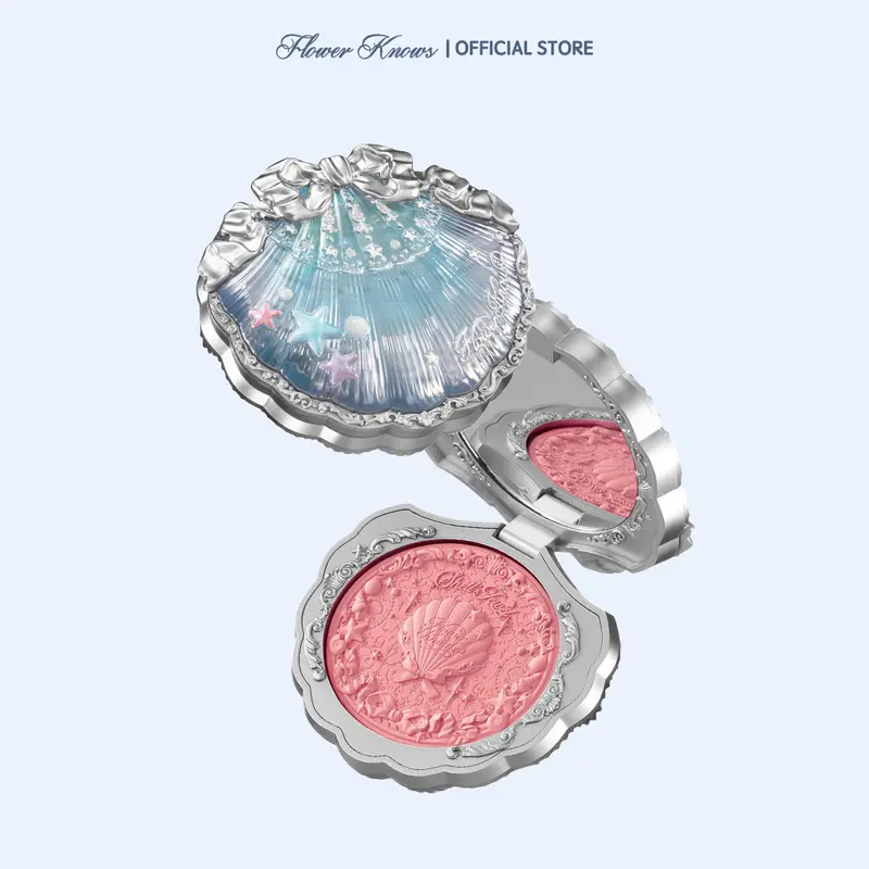 Flower Knows Shell's Jewel Collection Satin Blush, Glowup Pink Powder Blush with Shimmer, Glycerin & Squalane Infused, Hydrating, Nourishing, Smooth Blendable High-Pigment, Long-Lasting Radiant Glow, Gifts for Women, #sohochic, Ideal for Christmas gift, B