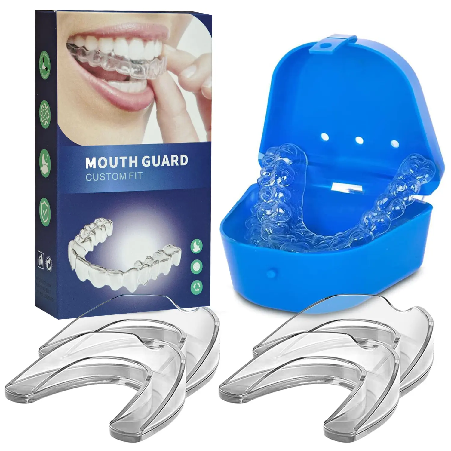 4-Pack EVA Moldable Mouth Guard Mouthpiece for Teeth Grinding, Easy Molding Custom Fit Dental Night Guard for Adults, Stops Clenching, Reusable with Protective Case, Made of EVA Material