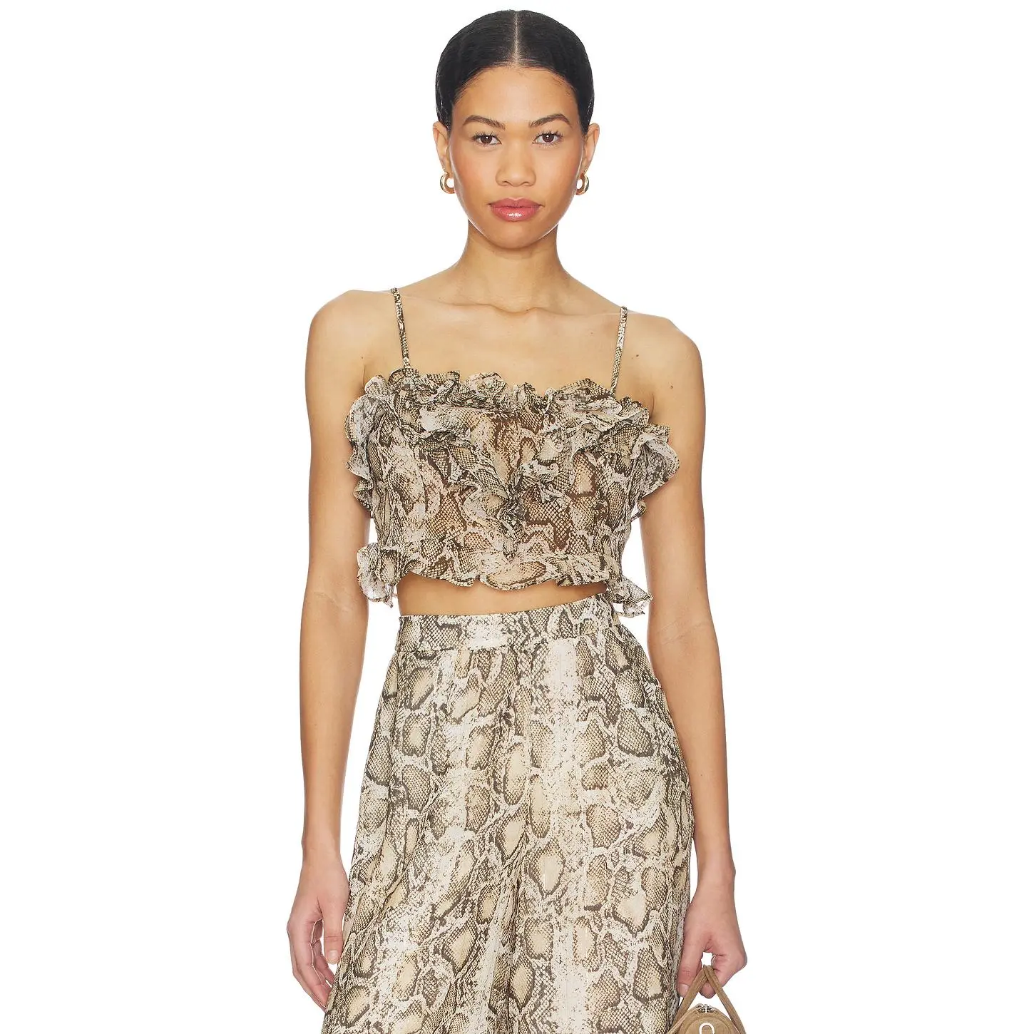 Bardot Alira Printed Frill Crop Top in Snake Skin