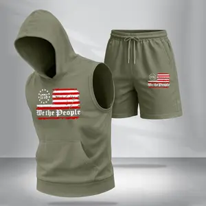 Two-Piece Set Men's American Flag PrintHooded Tank Top & Shorts Set, Regular FitCasual Athletic Fashion Activewear SleevelessTop & Shorts, Men's Summer Clothes