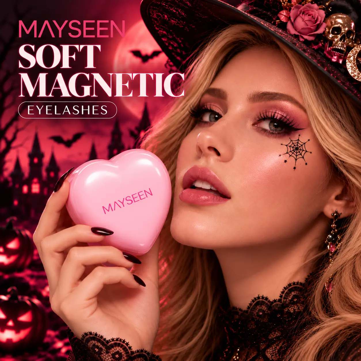 MAYSEEN Halloween Magnetic Eyelashes Kit - No Glue, No Eyeliner, Reusable False Lashes, 3-Step Easy Application, Beginner-Friendly, Natural Curl, All-in-1 Box with Applicator, Eyelash Curler & Setting Liquid Makeup Cosmetic