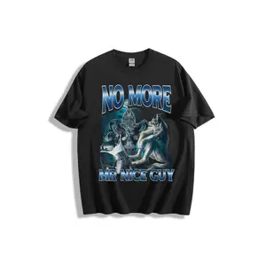 NO MORE MR NICE GUY Wolf Aggressive Transformation Graphic T-Shirt - Dynamic Werewolf Illustration Dark Blue Tone Design, Bold Text Print, Casual Crew Neck Short Sleeve Tee for Men Women