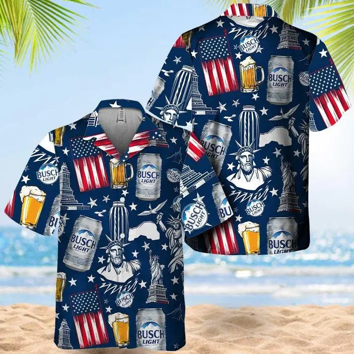 Busch Light Liberties Vintage Flag Hawaiian Shirt, Busch Light Merch, Beer Fan Gift, Summer button-up, perfect gift for men, boyfriends, Perfect Gift for Summer Vacation Menswear Tropical outfits, Breathable & Comfortable with Vibrant Prints-Casual Fit