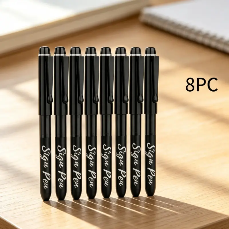 8Pcs Black Office Stationery Sign Pen Set, 1.0mm Fineliner Tip Liquid Ink Bundle Pack for Smooth Writing, Quick Drying