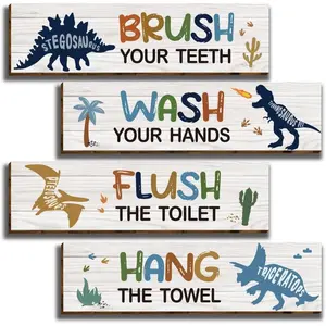 4 Pcs Watercolor Dinosaur Bathroom Decor, Inspirational Dinosaur Wall Art for Boys Kids, (11.8"X3"), Toddler Bathroom Decor, Works of art Made of Wood, Works of Art of Wood, Placards of Woods