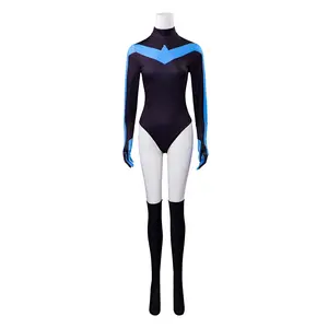 Black and Blue Costume Jumpsuit Haloween Superhero Bodysuit with Gloves Stockings Full Set for Women Halloween