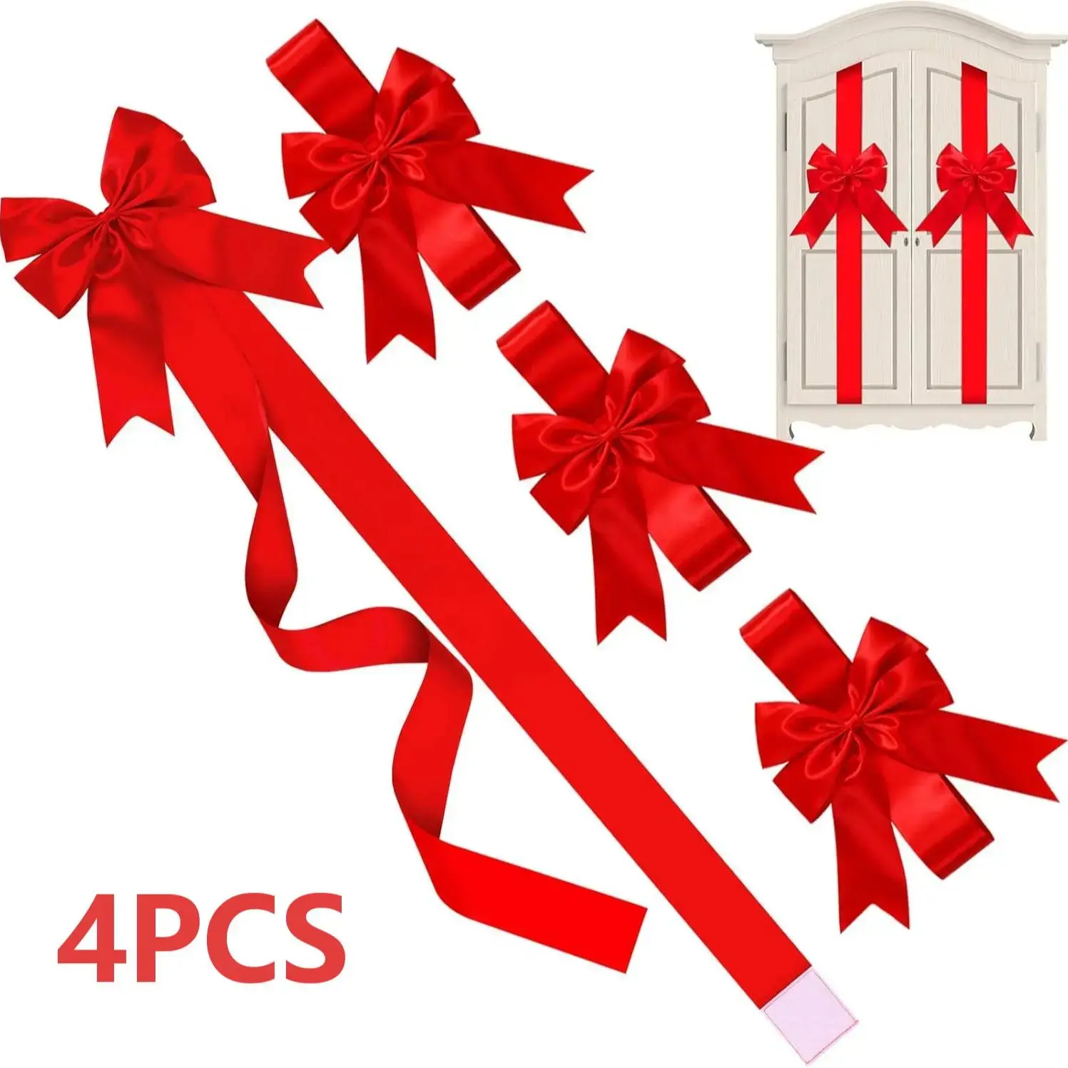 Large Red Bow Christmas Door, 4 Pack Red Polyester Easter Cabinet Door Tassel Bow Garlands, 39.6 Inches Large Festive Ornaments, Versatile Home Decor Gift for Kitchen, Furniture, Easter & Holiday Parties（