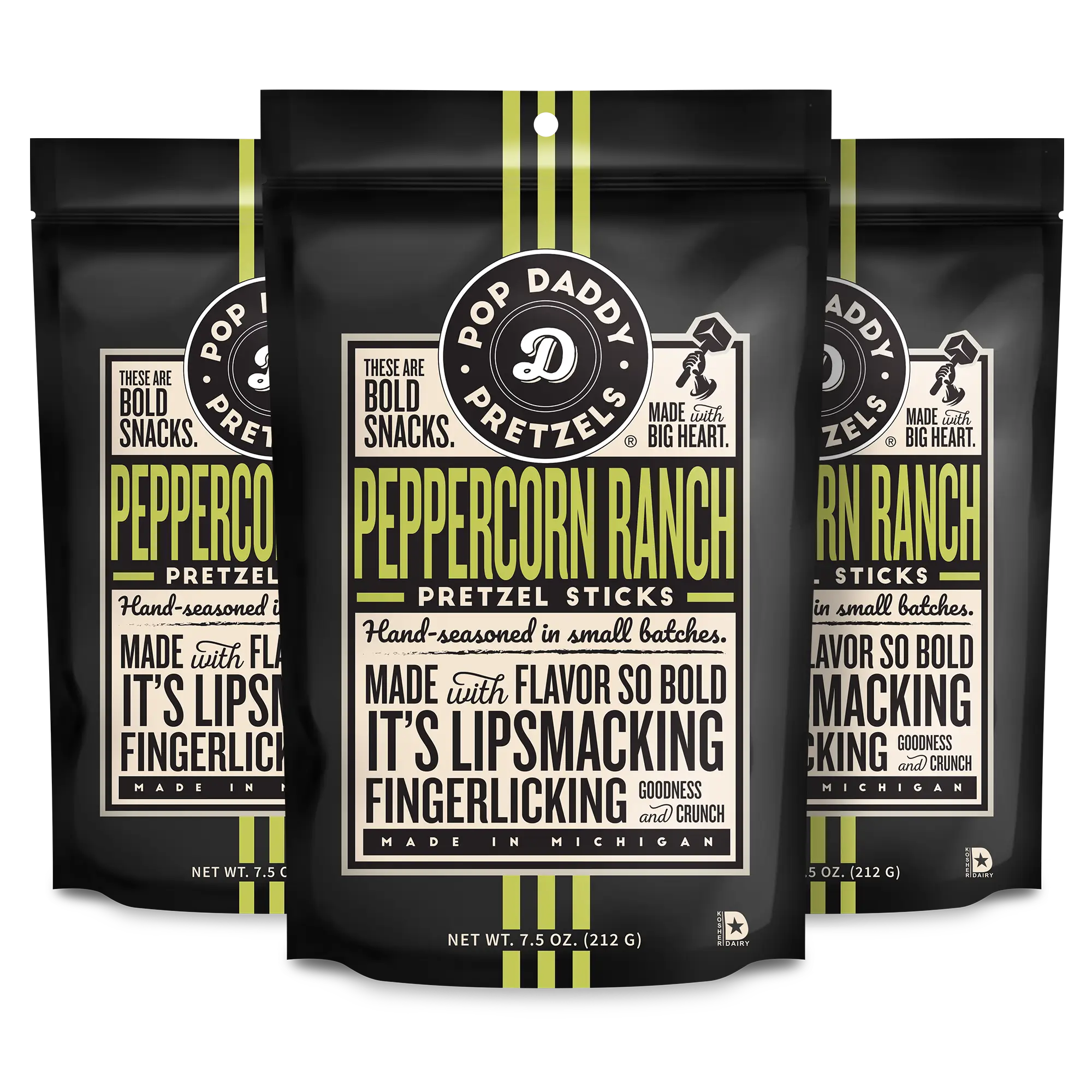 Pop Daddy Flavored Pretzels Sticks | Healthy Gourmet Pretzels Snacks | 7.5oz Individual Bags | 3 Pack | Peppercorn Ranch