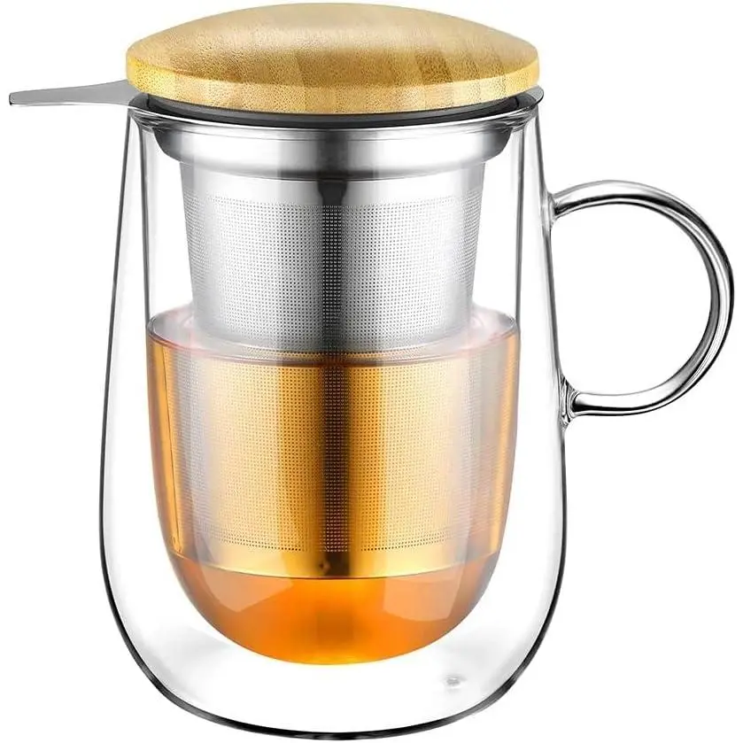 Tea Infuser Mug 14.5oz Insulated Heatproof Glass Tea Cup with Removable Infuser and Lid, Clear Glass Teacup 430ml Double Wall Borosilicate Glass Teacup for Loose Tea, Gifts for Parents Dad Mum