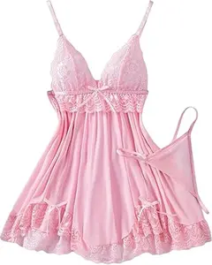 Lace Babydoll Nightwear–Adjustable Straps, Black V-Neck Sleep Dress, Elegant & Feminine Plus Size Plunge Underwire Bra lingerie  outfit Piece Elegance babydoll Love Loungewear