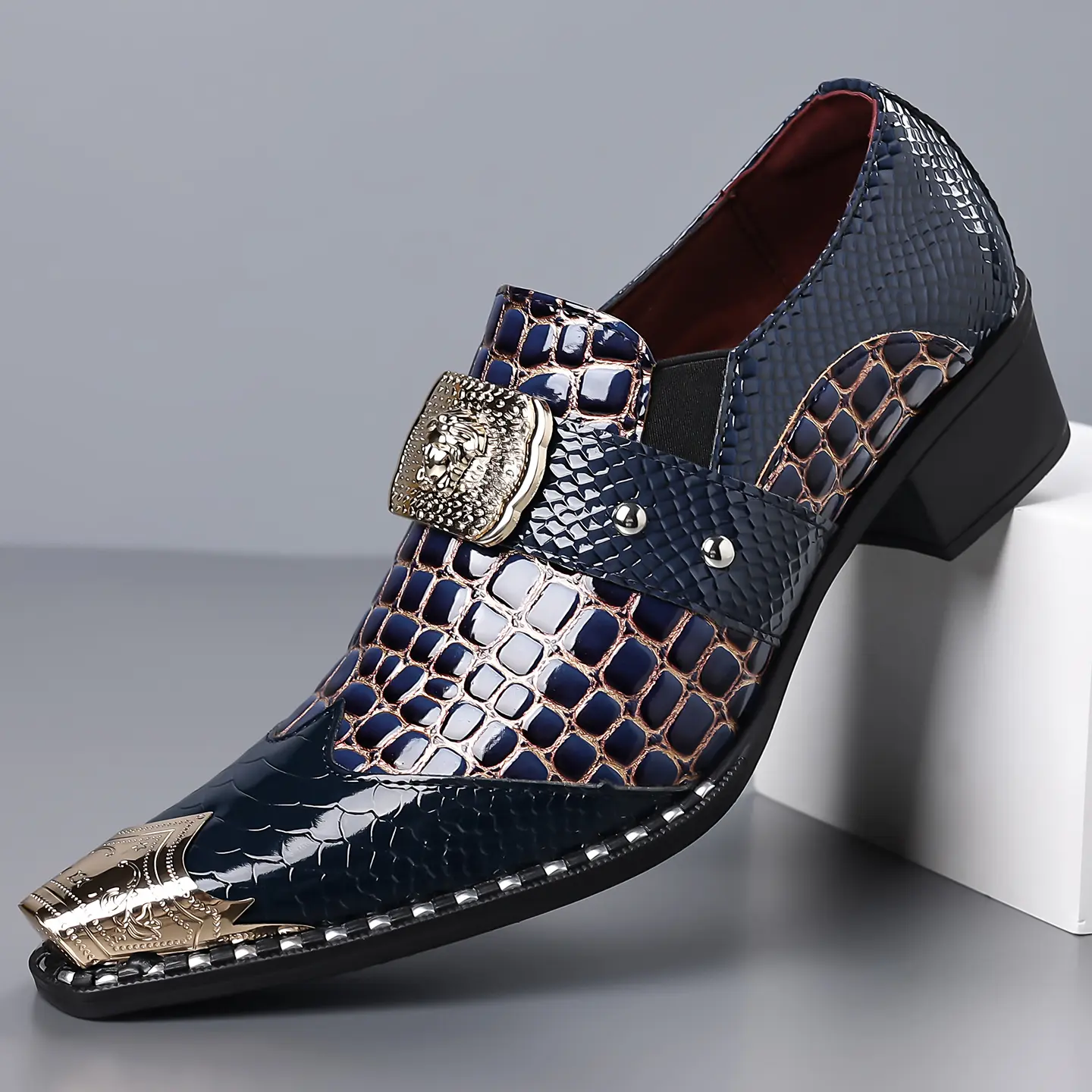 Men's Baroque Luxury Metal Toe Cuban Heel Oxford Footwear - Microfiber Leather Croc-Embossed Panther Buckle Formal Shoes for Nightclub, Wedding