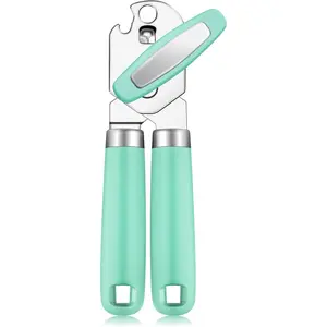 Can Opener Manual Handheld Strong Manual Can Opener Smooth Edge Cut, Can Opener Heavy Duty, Comfortable Soft Handle, Built-in Bottle Opener, Mint Green Kitchen Stainless Steel Utensils