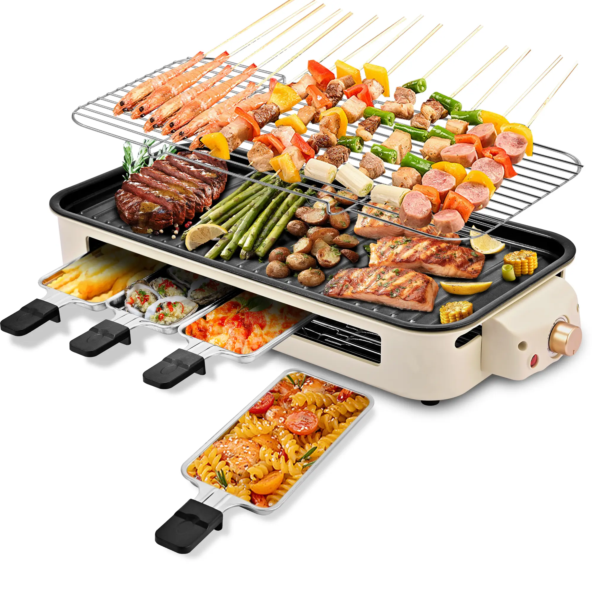 Pukomc Electric Smokeless Indoor Grill 5 Temperature Settings Non-stick Surface Removable Tray Dishwasher Safe Portable Bbq All Purpose Grilling Nonstick Coating Griddle Household Kitchen Appliances