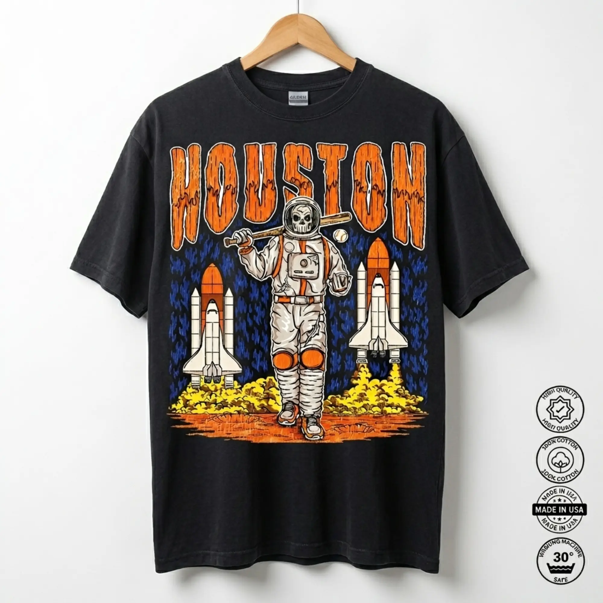 [Sale Up To 50%] Fire Skeleton Houston Baseball T-Shirt, Mascot Baseball Shirt, Houston Baseball Game Day Graphic Tee, Astros Baseball Fan Streetwear