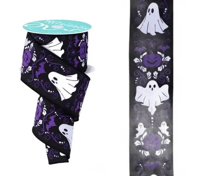 2.5" x 10yd Halloween Damask Ribbon in White, Black, & Purple