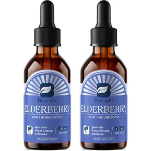 BEWANTS 2 Pack Elderberry Syrup Black Elderberry Drops with Quercetin, Panax Ginseng, Vitamin C and Zinc, Sambucus Liquid, Vegan, Non-GMO & Gluten Free, 60-Day Supply