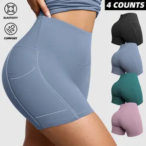 Women’s high-waisted yoga shorts with slanted pockets — available in packs of 4 or 6; highly elastic, breathable, slimming casual athletic shorts for outdoor wear