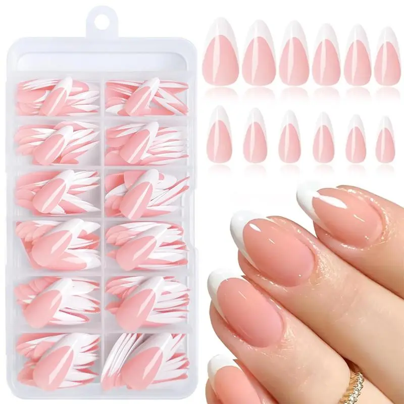 French Tip Press on Nails, 120pcs/box Medium Almond Fake Nails Tip, Classic Nude White French Nails, Glossy Full Cover Acrylic Nails for Women Manicure, Stylish Acrylic Nails, Fake Nails Set