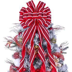 Large Red Christmas Tree Topper Wreath Bow Flocking Fabric with White Raw Edge Gift Bows for Xmas Ornament Holiday Thanksgiving Indoor Outdoor Decor 52x13 Inches