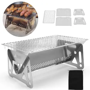 Folding Portable BBQ Grill - Stainless Steel Camping Stove with Multifunctional Rack