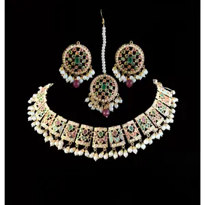 NS185 Payal jadau necklace with earrings tika in Navratan ( READY TO SHIP)