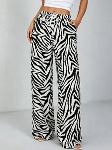 Women's Zebra Print Drawstring Wide Leg Pants, Elastic Waist with Pockets, Casual All-Season Comfortable Fashion, Daily Wear