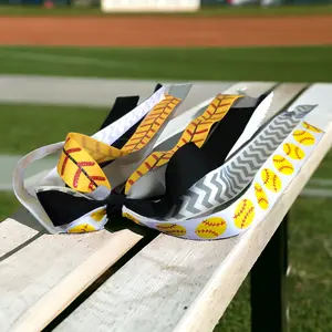 Softball Glitter Ponytail Bows, Gray Chevron, Black & White, Girls Hair Tie