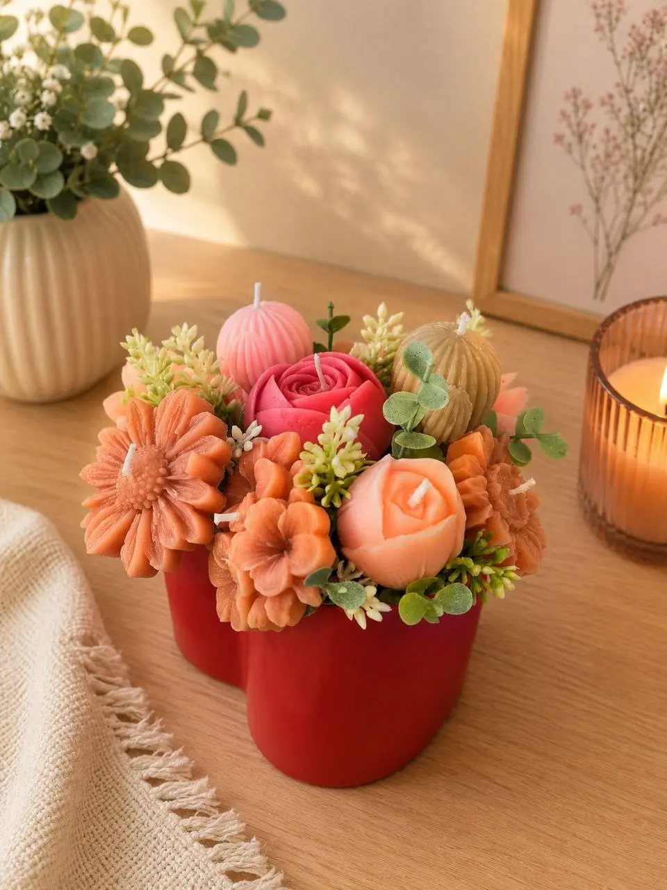 Handmade Floral Candle Arrangement in Red Box – Decorative Scented Flower Candles for Home Décor and Gifts