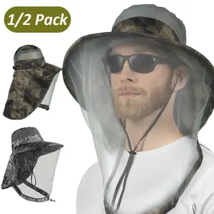 HOMEYA 1/2Pack Mosquito Head Net Hat with Neck Flap Wide Brim Sun Hat Outdoor Hiking Gardening Fishing for Men Women Gift