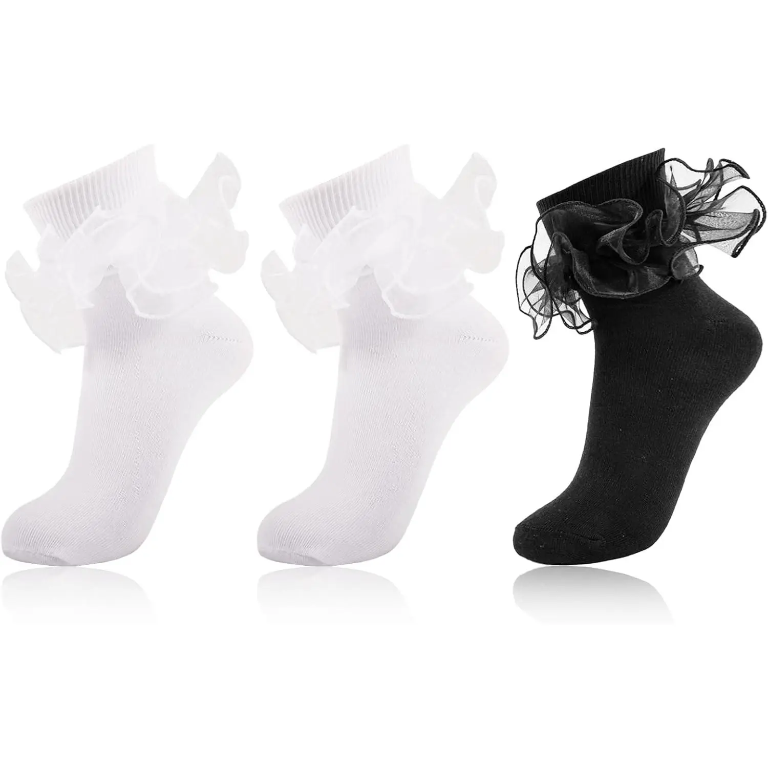 Women Ruffle Socks, Frilly Lace Socks, Lacy Ruffle Ankle Socks, Cute Fancy Socks for Women, Black and White Ruffle Socks, Frilly Bobby Socks with Double Lace Turn Cuff