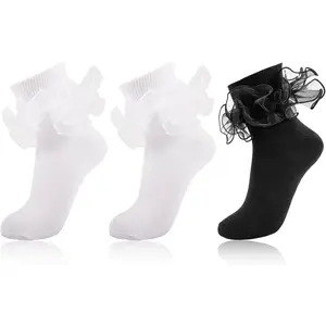 Women Ruffle Socks, Frilly Lace Socks, Lacy Ruffle Ankle Socks, Cute Fancy Socks for Women, Black and White Ruffle Socks, Frilly Bobby Socks with Double Lace Turn Cuff