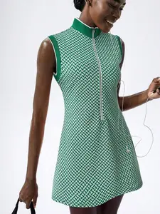 MOVA Retro Old Money Jacquard Turtleneck Sleeveless Zipper Slim Mini Dress Women Active Dresses