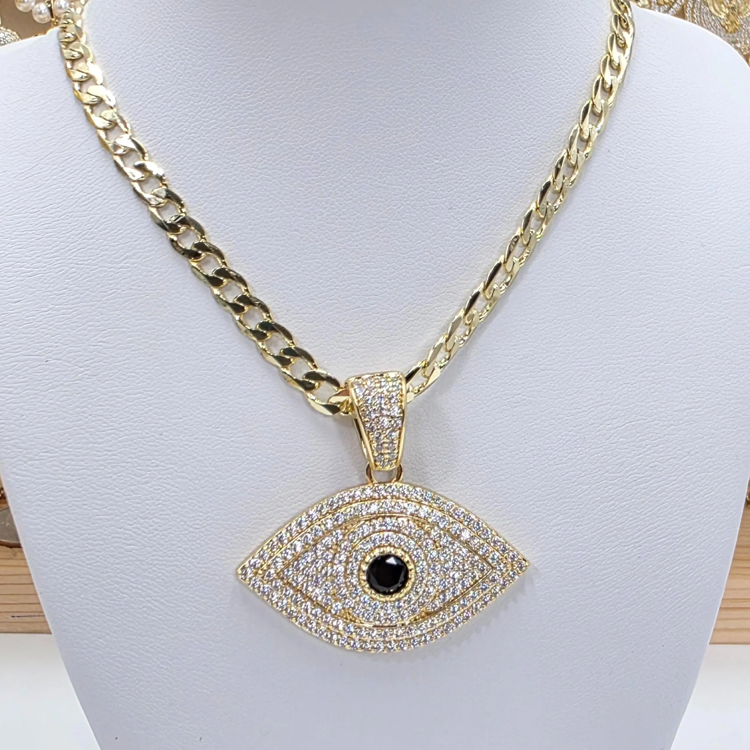 Xuping Gold-Plated Evil Eye Necklace - 20-in Cuban Chain & Link, Stylish Black Cubic Zirconia Pendant for Protection, Casual Daily Wear, Long Stylish Accessories