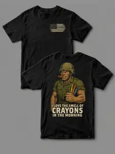 USMC Crayon Eater T-Shirt – I Love The Smell of Crayons in the Morning Funny Marine Corps Tee, Patriotic Military Humor Shirt, Veteran Gift Apparel Made in USA Classic Fit
