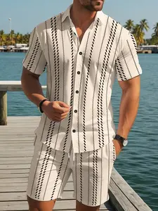 Men's Poolside Resort Style Shirt Set, Graphic Design, Fitted Blouse, Short Shorts, Breathable, Summer Essentials (Recommend ordering one size up)