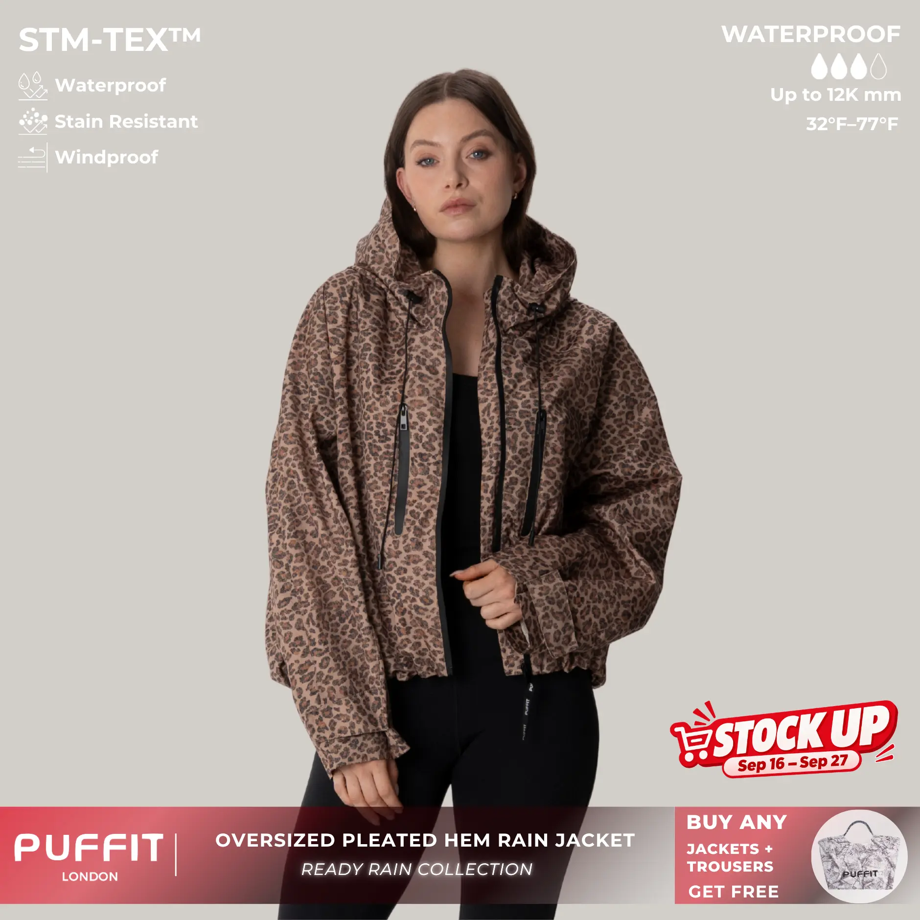 【Restocked】PUFFIT STM-TEX Short One-Size Rain Jacket With Pleated Hem,Hooded Jacket,Waterproof Jacket,Women Jacket,Wide-Brim Hood,Adjustable Cuffs,Zips,Outdoor Sport,Windbreaker,Fall,Winter,Dog Walking,School Running,Stylish,Womenswear,2026 Shopping