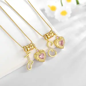Fasjewly Art Design Letter Necklace Gold 3-Layering Initial A-Z Letter Necklace for Women Fashion Pink Heart Zircon Adjustable Length Necklace Exquisite Gift Accessories Christmas Gift