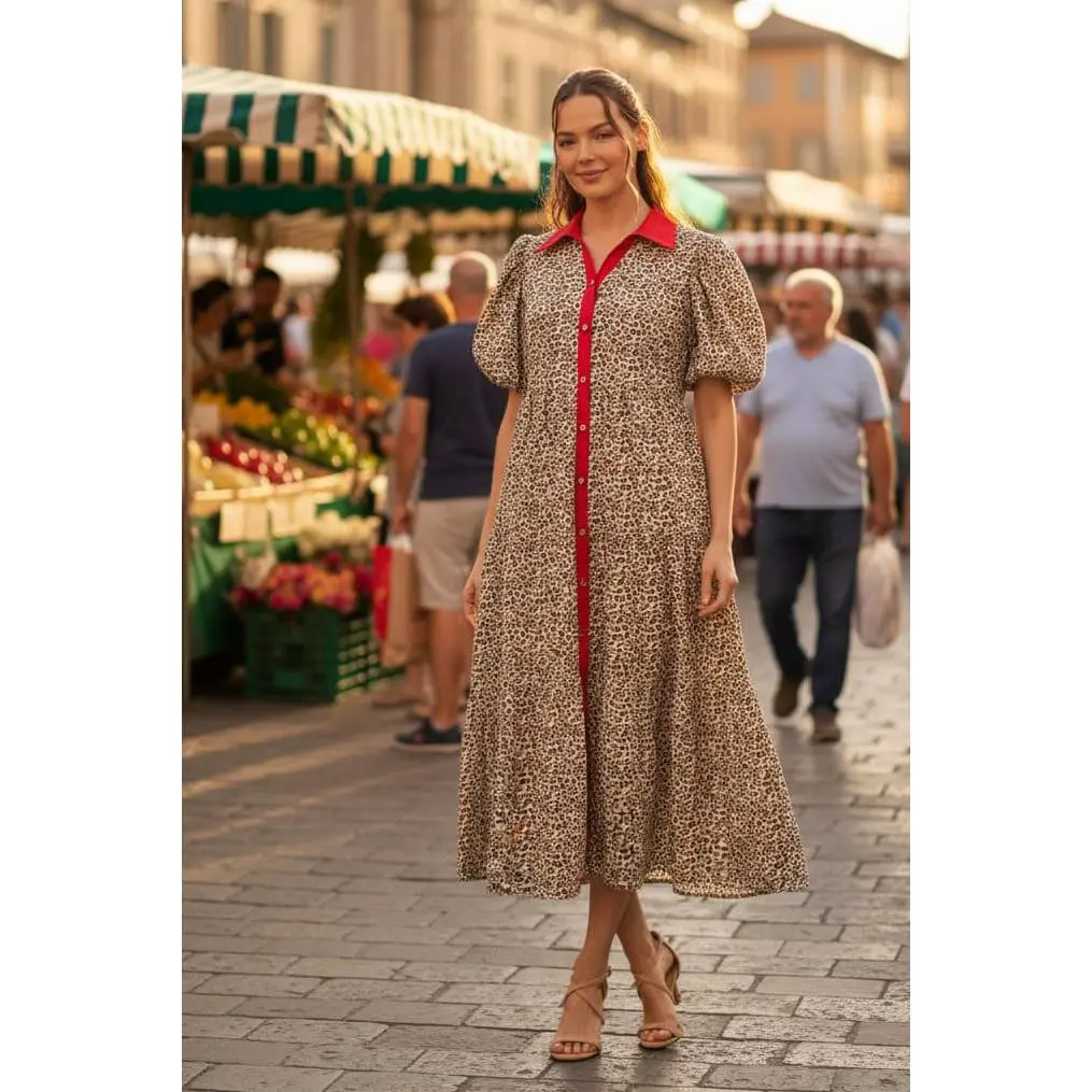 Jodifl Short Puff Sleeve Leopard Print Midi Dress with Contrast Button Placket, Cotton, Shortsleeve, Casual, Fabric, Piece, Tiered, Mid-Length Cut, One Piece