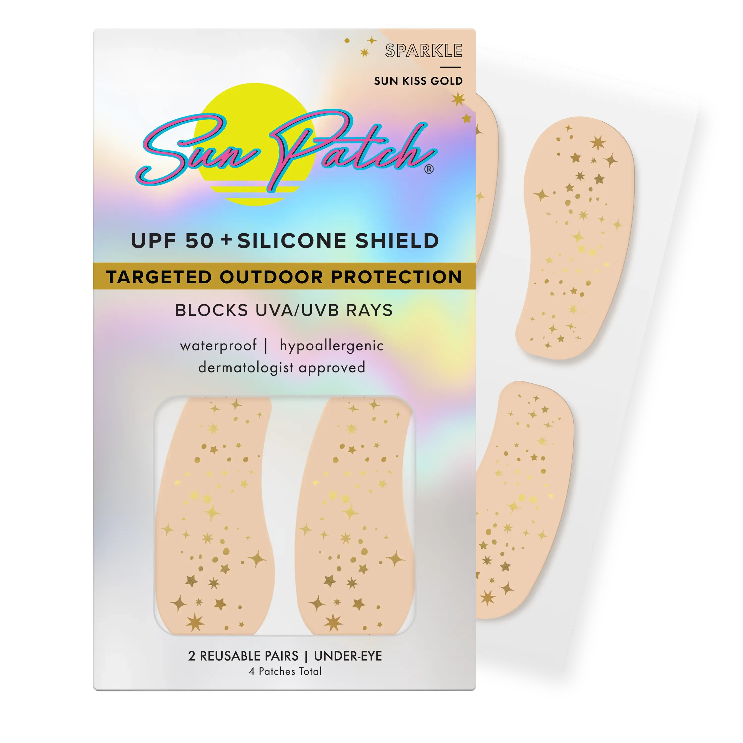 Sun Patch Under-Eye Sparkle Sun Kiss Shimmer Gold Patches UPF 50+ Waterproof Gentle Hypoallergenic Targeted UV Protection & Sunscreen Companion for Sensitive Skin