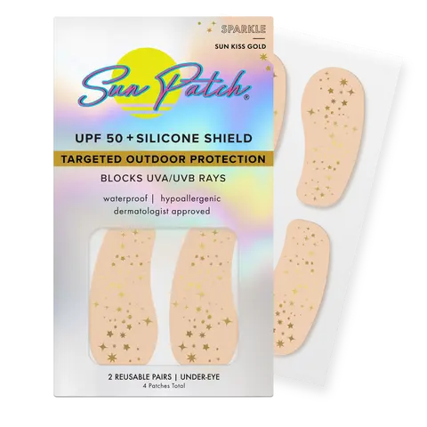 Sun Patch Under-Eye Sparkle Sun Kiss Shimmer Gold Patches UPF 50+ Waterproof Gentle Hypoallergenic Targeted UV Protection & Sunscreen Companion for Sensitive Skin