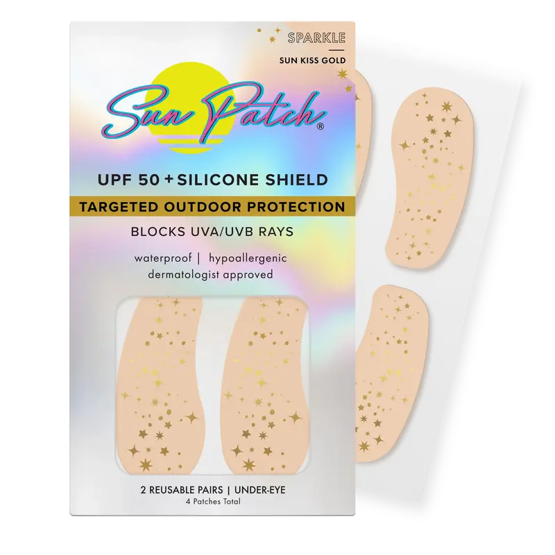Sun Patch Under-Eye Sparkle Sun Kiss Shimmer Gold Patches UPF 50+ Waterproof Gentle Hypoallergenic Targeted UV Protection & Sunscreen Companion for Sensitive Skin
