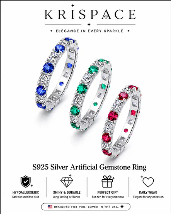 KRISPACE Unisex One-Size Artificial Gemstone Rings - Hypoallergenic, Lab-Diamond Inlay, Colorful Gems, Ring Stack, Simple Style, Adults, Easy to Style, All Seasons, Any Occasion Jewelry