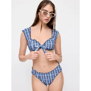 Cider Blue Plaid Sweetheart Ruched Triangle Bikini Set With Ruffled Trim