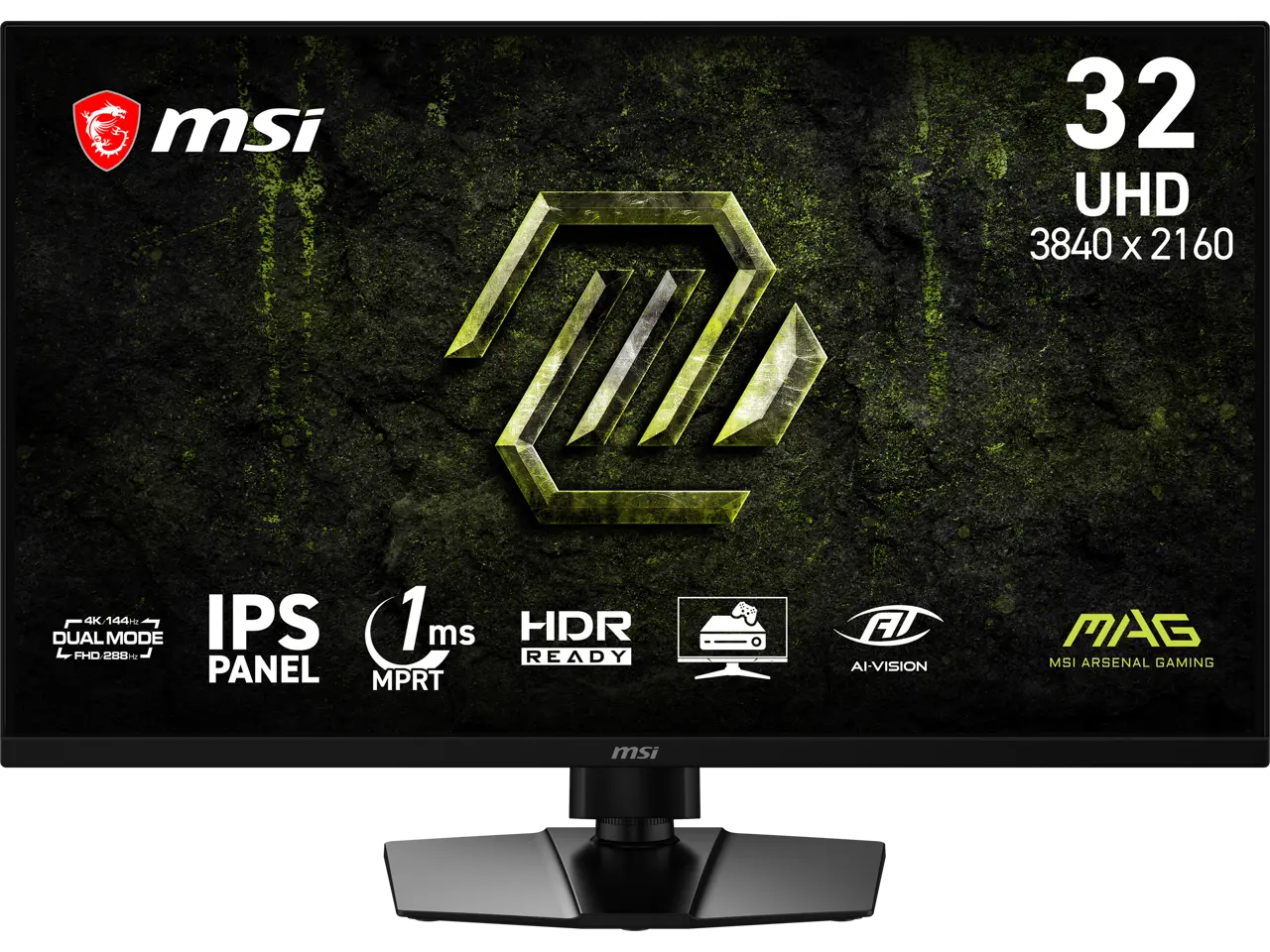 MSI 32 inch Dual Mode UHD 4K 144Hz Full HD 288Hz AMD FreeSync Premium (Adaptive Sync)  IPS Gaming Computer Monitor with Height Adjustable, Swivel, Pivot & Tilt Stand MAG 321UPD E14