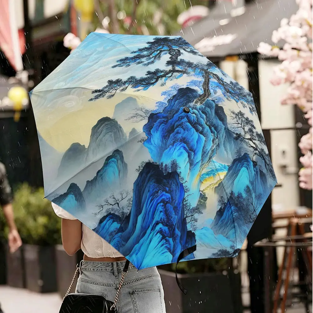 1PC Chinese Traditional Blue Mountain Pine Tree Folding Umbrella, Ancient Landscape Ink Painting Art, Windproof Waterproof UV Sun Protection, Sun & Rain Dual Use Parasol, Compact Portable, Oriental Aesthetic Gift For Art Lovers