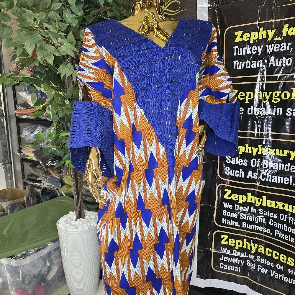 Ankara with Aso oke Boubou - Blue and Orange Geometric Patterned Dress for Women