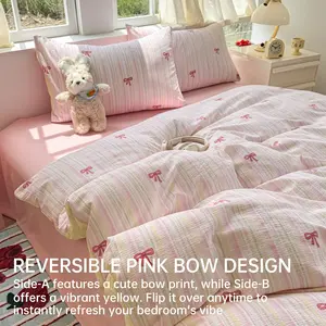Pink Bow Duvet Cover Full Size, Girls Kids Cute Striped Bowknot Yellow Duvet Cover with Pillowcase, Soft Microfiber Bedding Set for All Season with Zipper Closure and 8 Corner Ties