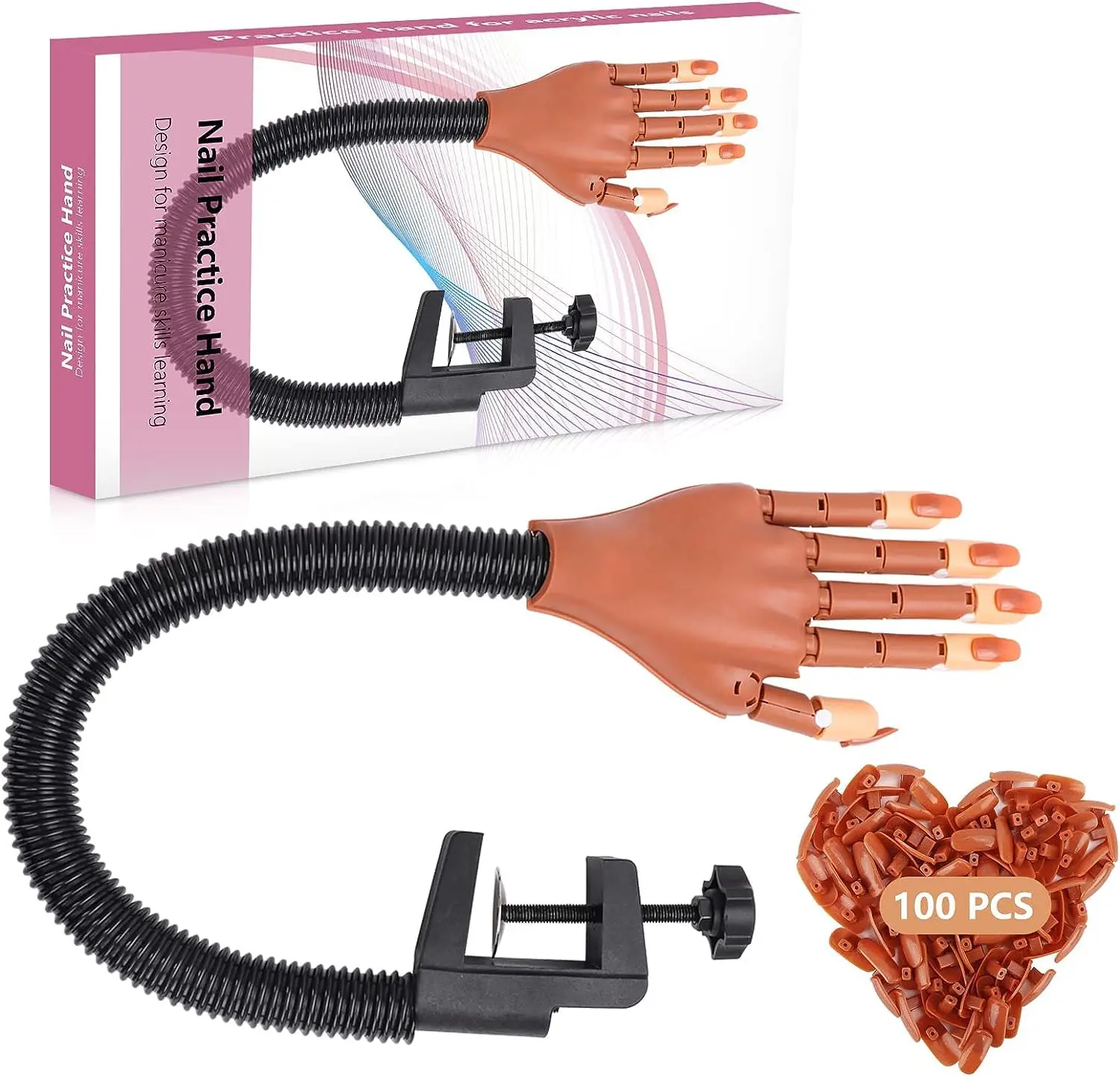 Acrylic Nails Practice Hand, Practice Hand for Acrylic Nails - Flexible Movable Practice Nail Hand with 100 Pcs Refill Nail Tips